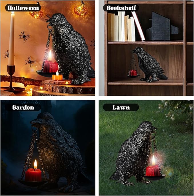 Gothic Crow Lamp Tealight Candle Holder Raven Statue for Indoor Outdoor Decor Halloween Garden Resin Statue Black Stone-HomvellaHome