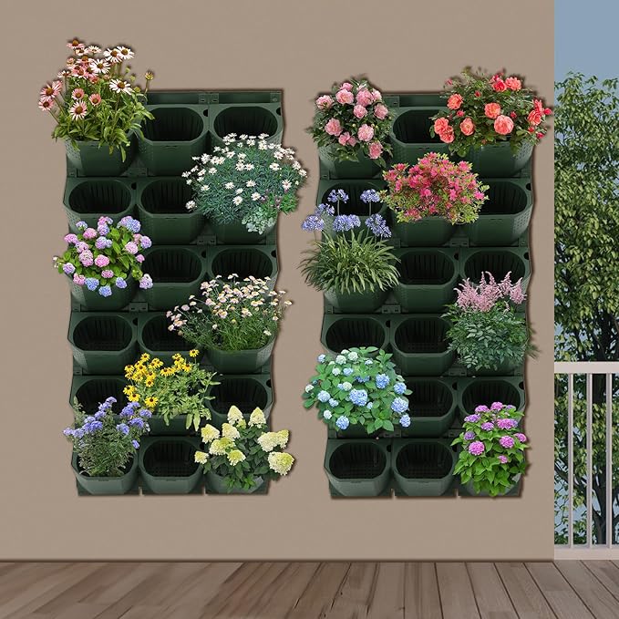 12Pieces 3-Pot Wall Planter Vertical Garden Plant Walls Wall Mounted Vertical Planter with Water-Storage Layer Stackable Wall-Mounted Flower Pot for Gardens, Balconies 180.78lbs Total Capacity (Green)-HomvellaHome