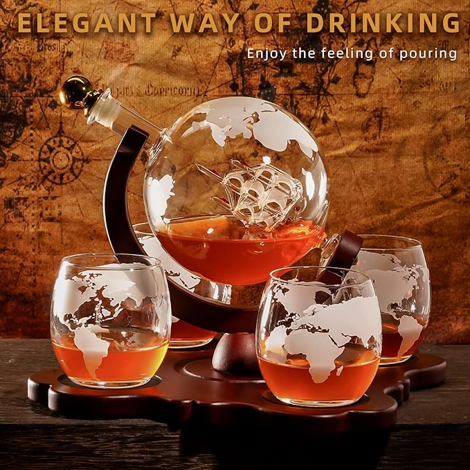 Gifts for Men Dad Husband Christmas, Whiskey Globr Decanter Set with 4 Etched Globe Glasses, Unique Anniversary Birthday Gifts for Brother Boyfriend, Cool Stocking Stuffers Bourbon Whikey Gifts-HomvellaHome