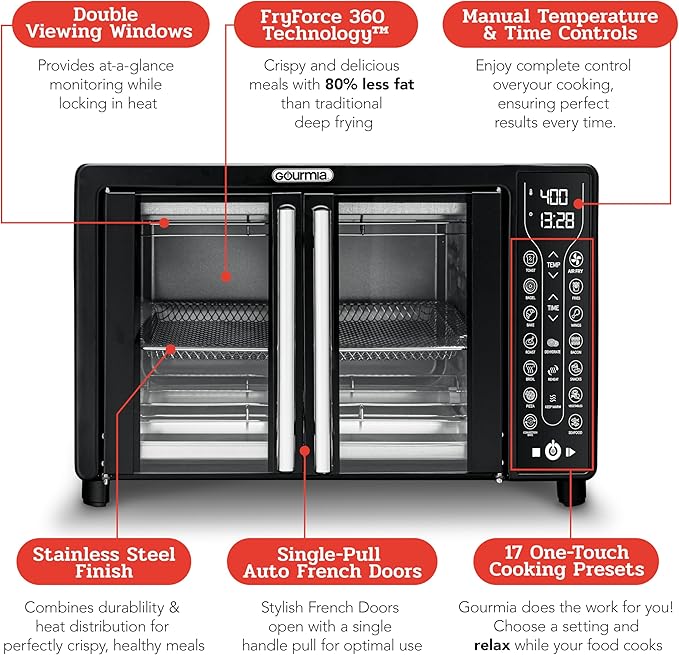 Gourmia Toaster Oven Air Fryer Combo 17 cooking presets 1700W french door digital air fryer oven 24L capacity accessories, convection rack, baking pan tray recipe book GTF7460,Large,Black-HomvellaHome