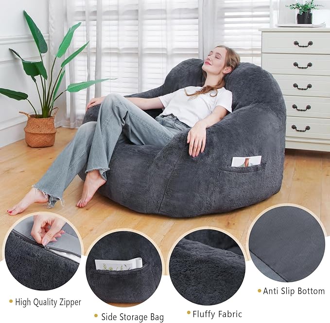 Giant Bean Bag Chair, Oversized Bean Bag Chairs for Adults and Kids, Gaming Chair Stuffed Memory Foam | Storage | Non-Slip, Removable Bean Bag Sofa Comfy Chair for Bedroom, Livingroom (Grey)-HomvellaHome