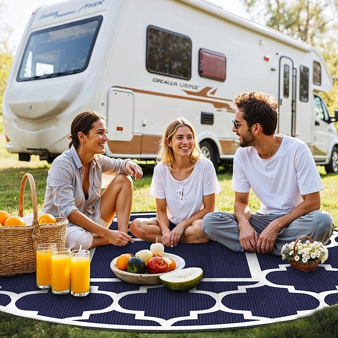 GENIMO 10 ' Round Outdoor Rug for Patio, Waterproof Indoor Outdoor Plastic Straw Rugs Carpet, Reversible Outside Area Mat for Camping, Balcony Porch, Deck, Picnic, Blue White-HomvellaHome