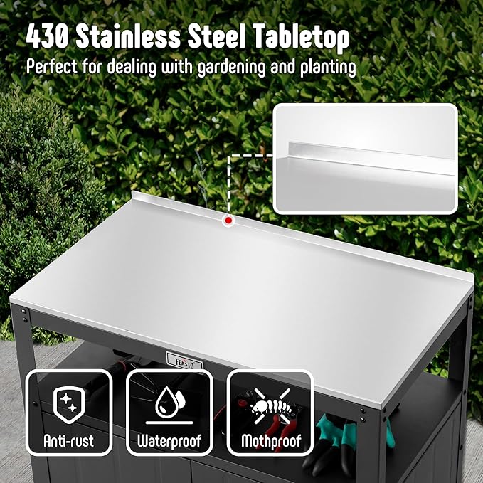 Garden Potting Bench with Storage Cabinet,Outdoor Gardening Table & Work Bench for Plants, Horticulture,Outdoor Workstation with Stainless Steel Tabletop,Outdoor Work Table-HomvellaHome