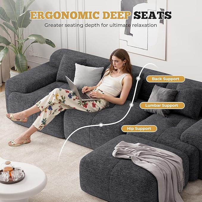 122" Modern L Shaped Modular Sectional Sofa, Boneless Couches for Living Room with Ottoman,4 Seater Convertible Chenille Cloud Couch Sofa Set, No Assembly Required, Grey-Black 1 PCS-HomvellaHome