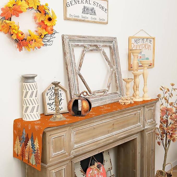 GEEORY Fall Watercolor Trees & Maple Leaves Table Runner 13x60 Inch, Rustic Farmhouse Autumn Thanksgiving Decor for Kitchen, Dining, Indoor/Outdoor Holiday Dinner Party Orange GT158-60-HomvellaHome