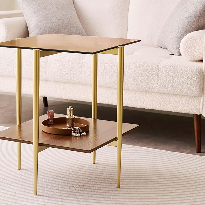 Glass End Table, Mid-Century Modern Design Sofa Table, L41 x W21 x H17, for Living Room, 2-Tier Structure, Clear Glass Top and Walnut MDF Shelf, Sleek Conical Metal Legs with Gold Finish Frame-HomvellaHome