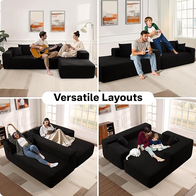 104" Cloud Sectional Couches for Living Room,L Shaped Boneless Couch in A Box,Sleeper Sofa with Comfy Chaise No Assembly Required,Black-HomvellaHome