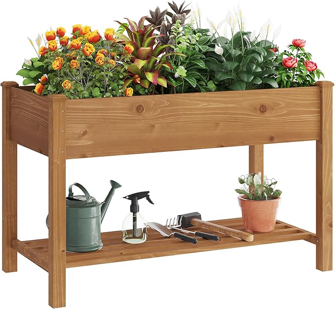 GHWIE Raised Garden Bed with Shelf,Elevated Wooden Planter Box with Legs,Garden Planter for Backyard, Patio, Balcony-HomvellaHome