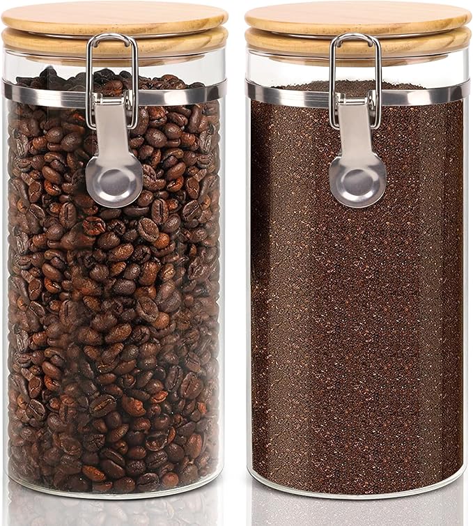 Glass Storage Jars Set Elegant Containers with Airtight Bamboo Lids, Perfect for Kitchen Organization - Flour, Rice, Pasta, Sugar, Coffee Beans, Accessories Included (Coffee Jar x 2)-HomvellaHome