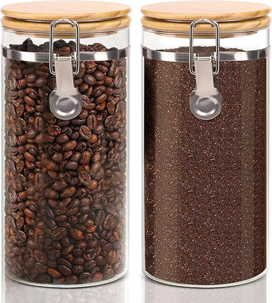 Glass Storage Jars Set Elegant Containers with Airtight Bamboo Lids, Perfect for Kitchen Organization - Flour, Rice, Pasta, Sugar, Coffee Beans, Accessories Included (Coffee Jar x 2)-HomvellaHome