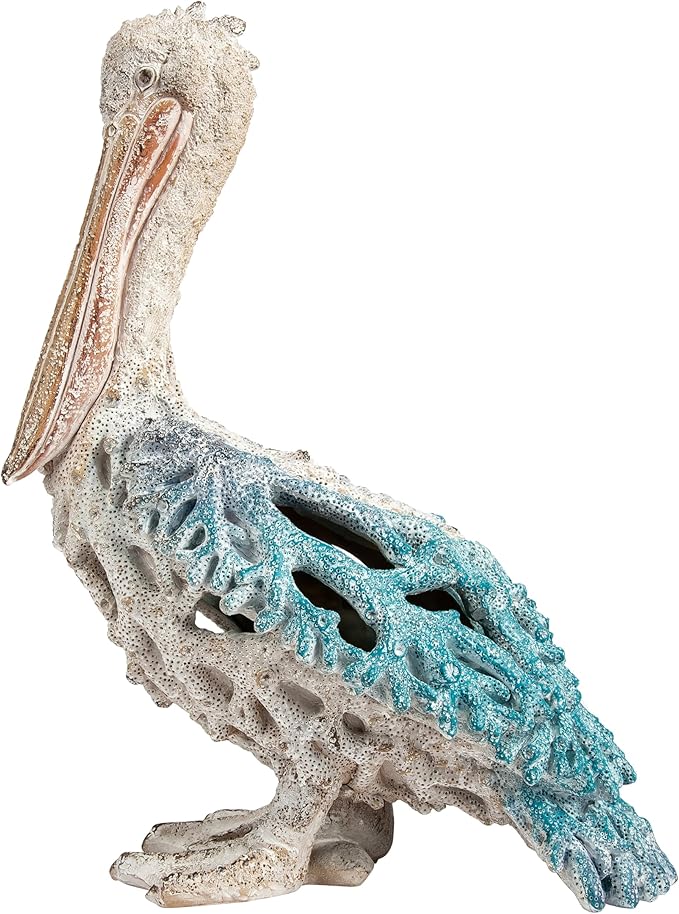 Blue Pelican Standing Figurine 13.75” Coastal Coral Reef Home Decor Nautical Beach Statue for Tabletop Shelf or Mantel Ocean Inspired Room Accents-HomvellaHome