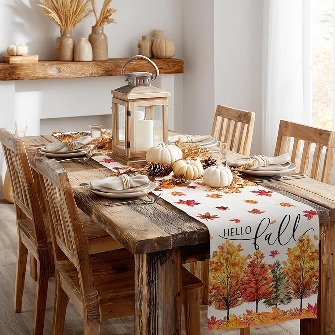 GEEORY Fall Watercolor Trees & Maple Leaves Table Runner 13x72 Inch, Rustic Farmhouse Autumn Thanksgiving Decor for Kitchen, Dining, Indoor/Outdoor Holiday Dinner Party Orange Red GT160-72-HomvellaHome