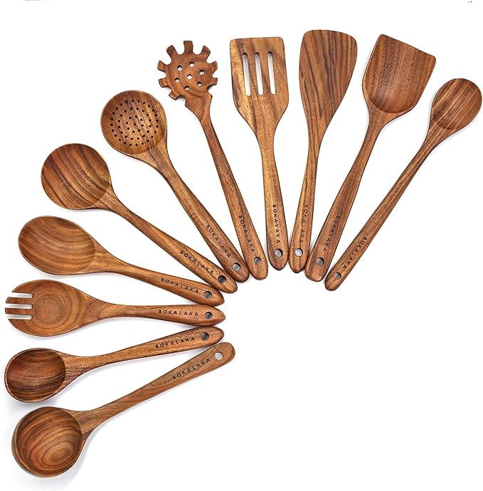 11 Pcs Wooden Kitchen Utensils Set - Wooden Spoons, Spatulas and More for Cooking-HomvellaHome