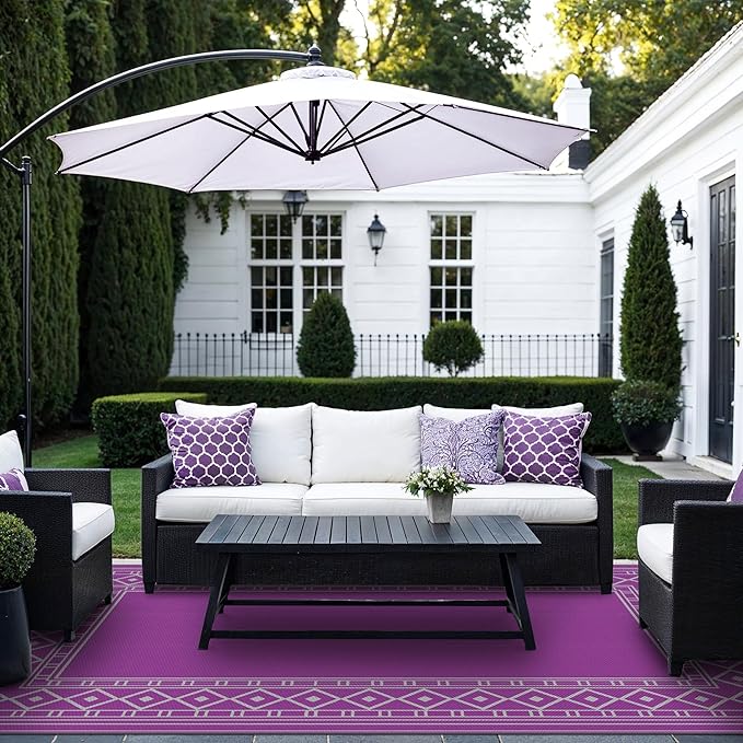 GENIMO Outdoor Rug Waterproof 6'x9' for Patio, Foldable Reversible Plastic Straw Carpet for Travel Trailers, Outside Area Mat for Rv, Deck, Picnic, Porch, Camper, Balcony, Beach, Purple & Grey-HomvellaHome