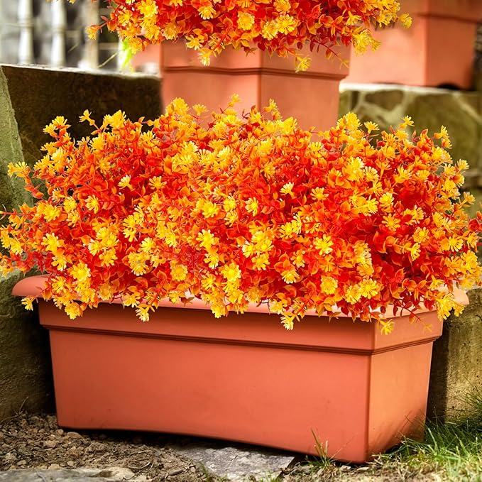 12 Bundles Artificial Fall Flowers No Fade Faux Autumn Plants, Fake Indoor Outdoor Greenery Decorations for Thanksgiving Christmas Wedding Party Home Garden Fireplace Décor (Fall Orange)-HomvellaHome