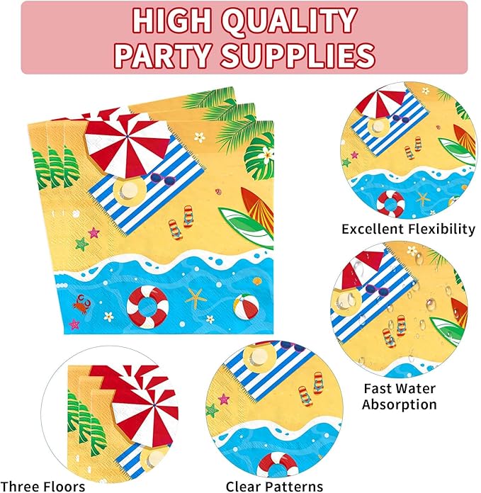 Grencian 200Pcs Beach Party Supplies Hello Summer Party Plates and Napkins Disposable Summer Pool Paper Tableware Set for Hawaiian Beach Pool Birthday Baby Showe Decorations, Serves 50-HomvellaHome