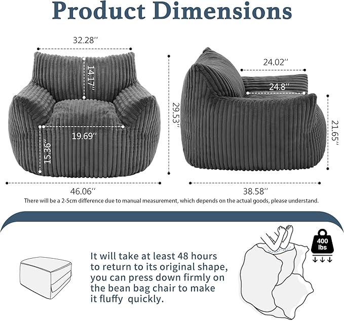 Giant Plush Bean Bag Chair for Adults with Armrests - Oversized Comfy Grey Beanbag Lounge Lazy Floor Sofa Accent Chair for Living Room, Bedroom & Dorm, Cozy Fluffy Single Cloud Mini Couch-HomvellaHome