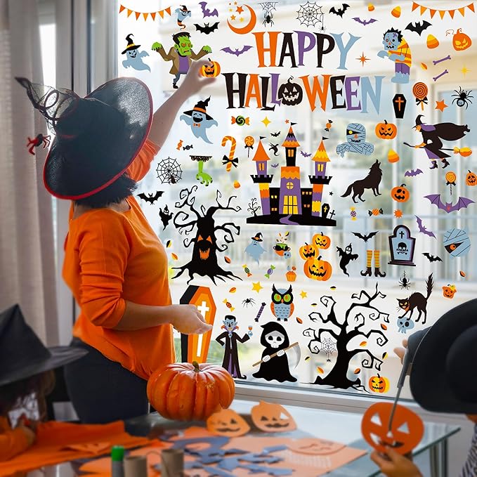 115PCS Halloween Window Clings, 9 Sheets Halloween Decorations, Cute Witch Tree Zombie Ghost Patterns PVC Window Stickers for Treat or Trick Party Favors Decal Supplies Decor Accessories-HomvellaHome