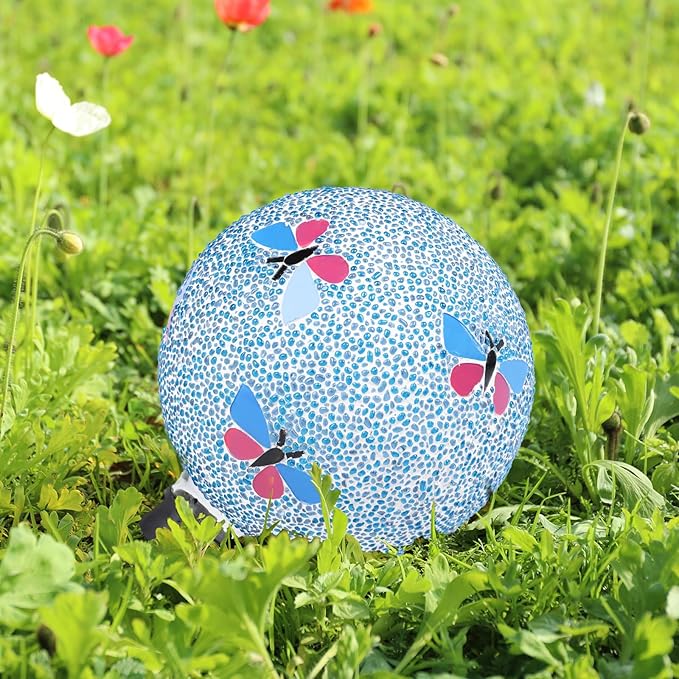 Gazing Ball 8 Inch Butterfly Glass Mosaic Garden Globe Outdoor Gazing Globe Yard Ornament for Garden Yard Home Lawn Outdoor Decoration Gift for Women (Not Solar Powered)-HomvellaHome