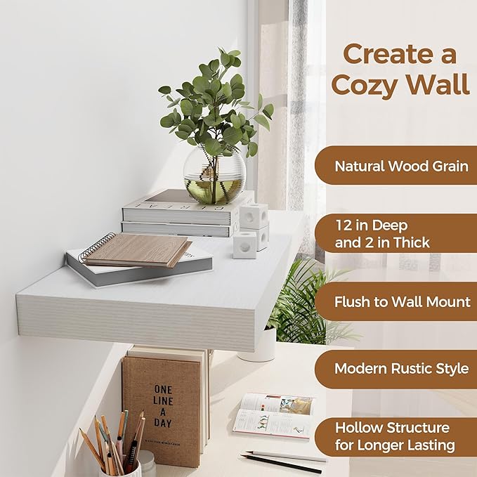 12 Inch Deep White Floating Shelves, 24 x 12 Floating Shelf for Books, Rustic Wood Deep Wall Shelves for Home Storage & Display, 2" Thicked Shelves for Kitchen, Living Room, Bedroom, 1 Pack-HomvellaHome