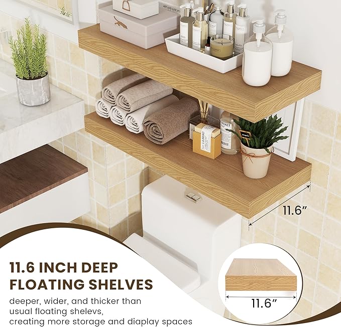 12 Inch Deep Floating Shelves | 30W x 12D Rustic Floating Shelves for Wall Set of 2 | Oak Shelves for Living Room Bathroom Laundry Room Bedroom Kitchen Home Office - Oak-HomvellaHome