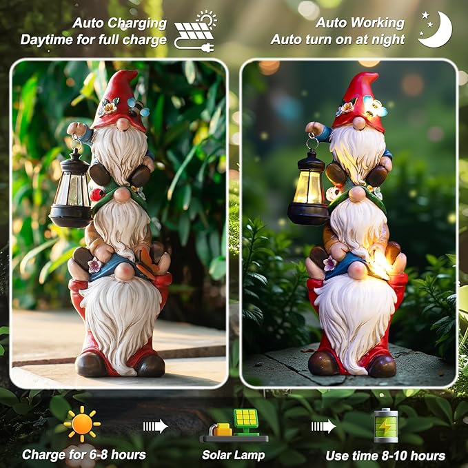 Garden Gnome Statue with Solar Lights Garden Sculptures Funny Triple Gnome Outdoor Patio Lawn Yard Balcony Garden Home Decor Birthday Gifts for Women Mom Grandma 12 in Fall Gnome-HomvellaHome