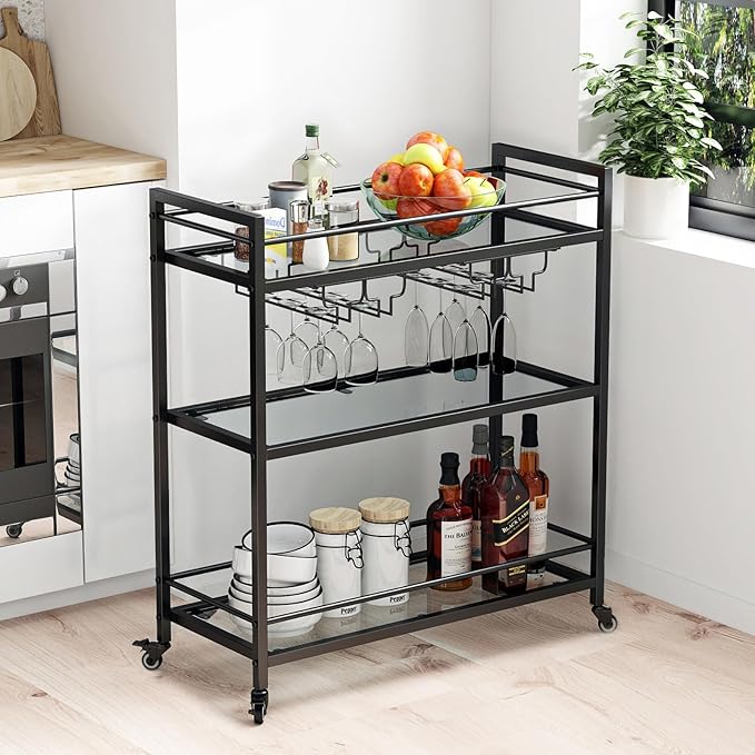 Glass Black Bar Carts for Home with Hanging Wine Rack - Home Bar Serving Cart with 3 Mirrored Shelves, Kitchen Bar Carts, Wine Cart for Entertaining, Club Party.-HomvellaHome