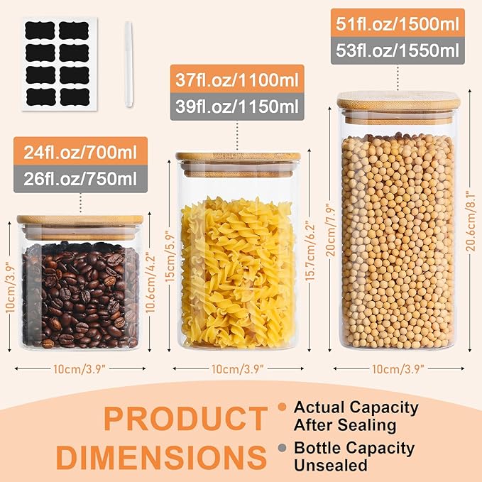 Glass Food Storage Jars with Lids(24oz/37oz/50oz)Square Set of 6 ,Glass Storage Containers Clear Glass Food Canister with Bamboo Lid Airtight For Serving Tea, Coffee Beans, Candy,Spice and More-HomvellaHome