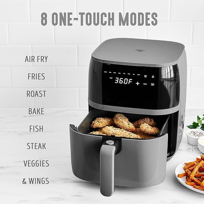 GreenLife Compact Electric Air Fryer Oven, 5.3 QT, PFAS-Free Ceramic Nonstick Drawer, 8 One Touch Digital Display, Easy View Window, Auto Shut-Off Timer, Dishwasher Safe Parts, 1500 Watts, Graphite-HomvellaHome