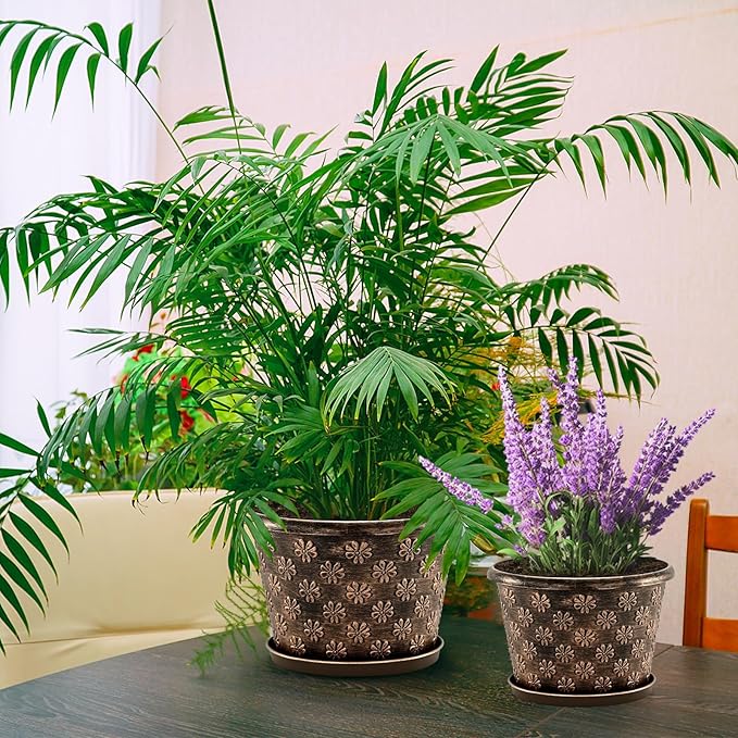 12 Inch Planter Pots for Plants, Plastic Large Flower Pots Indoor Outdoor, 4 Pack Resin Plant Pot with Drainage & Saucer, Retro Decorative Garden Pot with Removable Trays for House-HomvellaHome