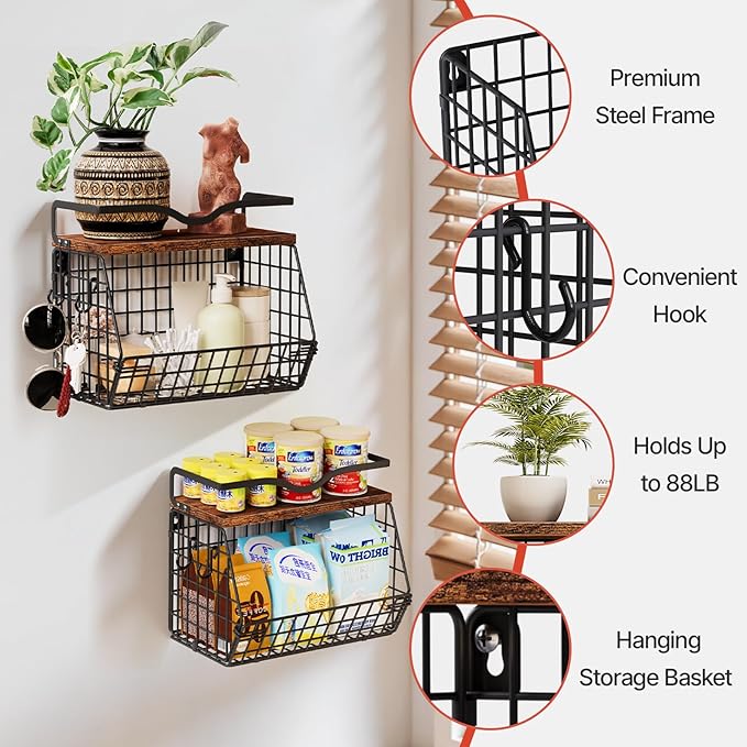 2 Pack Fruit Bowl Hanging Fruit Basket for Kitchen Counter ,Stackable Wire Baskets for Onion Storage and Potato Storage with Wood Lid,Vegetable Fruit Basket with Banana Hooks-HomvellaHome