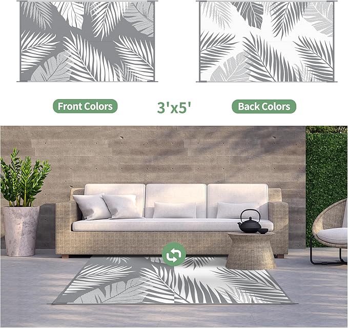 GENIMO Outdoor Rug 3' x 5' Waterproof for Patios Clearance, Reversible Outdoor Plastic Straw Camping Rug Carpet, Large Area Rugs Mats for RV, Camper, Deck, Balcony, Porch, Beach, Picnic, Grey&White-HomvellaHome