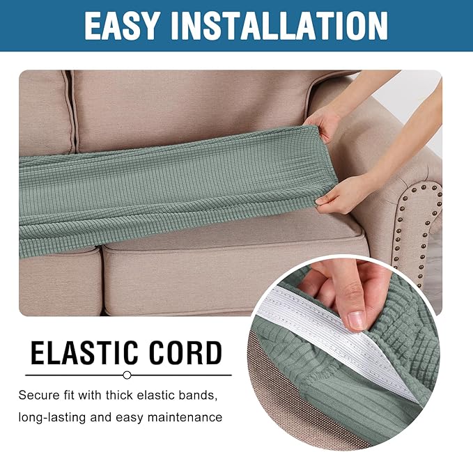 H.VERSAILTEX Super Stretch Individual Seat Cushion Covers Sofa Covers Couch Cushion Covers Slipcover Sets Thick Jacquard Textured Twill Fabric (1 Piece Loveseat Cushion Cover, Sage)-HomvellaHome