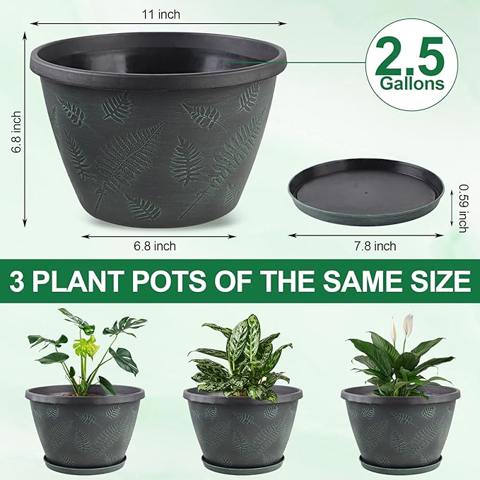 11 inch Plant Pot Set of 3, Plastic Flower Pots with Drainage Hole & Tray, Decorative Round Planters for Indoor Plants, Modern Outdoor Home Flowers Plants Garden Pots (Green)-HomvellaHome
