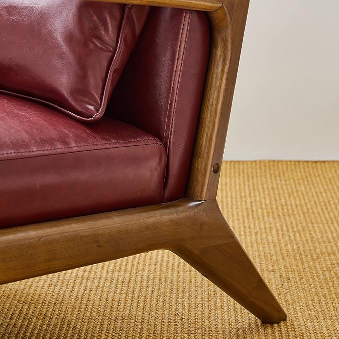 Glitzhome 2 Set Mid Century Red Accent Armchair, Single Reading Armchair PU Leather Lounge Chair with Walnut Ruberwood Frame-HomvellaHome