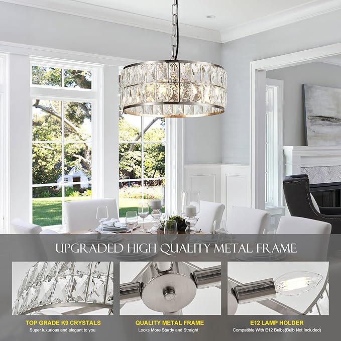 12” 3-Light Modern Crystal Chandeliers Nickel Dinning Room Light Fixture, Round Pendant Light Kitchen Island Chandelier, Flush Mount Ceiling Light for Living Room Entryway Bedroom Foyer-HomvellaHome
