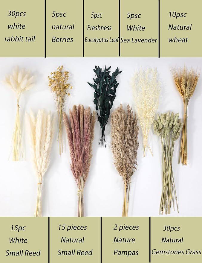 126pcs Dried Pampas Grass Decorations, Dried Flowers, Dried Bouquet in Vase, Reed Grass Bouquet for Boho Floral Wedding, Rustic Farmhouse Decor. (Vase Not Included)-HomvellaHome