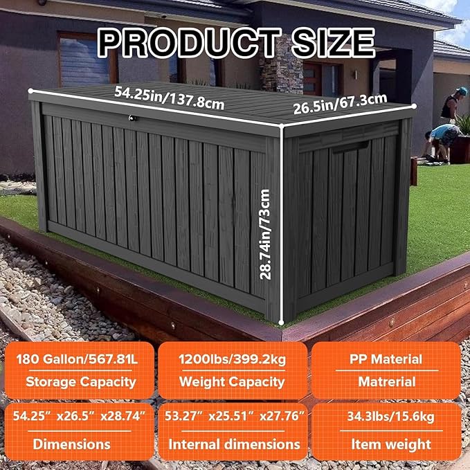 180 Gallon Resin Deck Box, Waterproof Outdoor Storage Bin for Patio Furniture, Pool Accessories, and Garden Tools, Lockable & UV-Resistant, Black-HomvellaHome