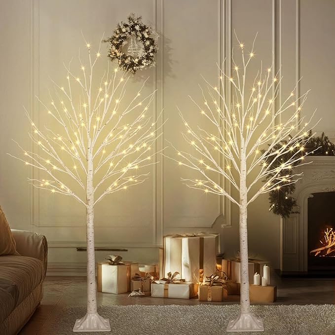 2 Pack 5FT 200LED Christmas Lighted Birch Tree, Timer Function Prelit Artificial Tree Lamp Plug in with Warm White Lights, 2 Modes Twinkling Twig Trees for Indoor Outdoor Party Christmas Decorations-HomvellaHome