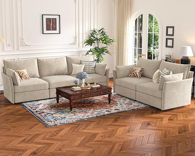 134.6" Modular Sectional Sofa, Oversized 4 Seater Couch with Removable Beige Chenille Fabric Cover, Deep Seat & High Backrest for Living Room, Office & Apartment-HomvellaHome