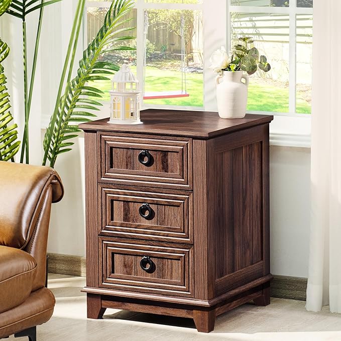 18" Farmhouse Night Stand with 3 Drawers, Wood End Table Dresser for Bedroom, Retro Nightstand, Bed Side Table with Metal Handle, Bedside Cabinet for Bedroom Living Room, Closet-HomvellaHome