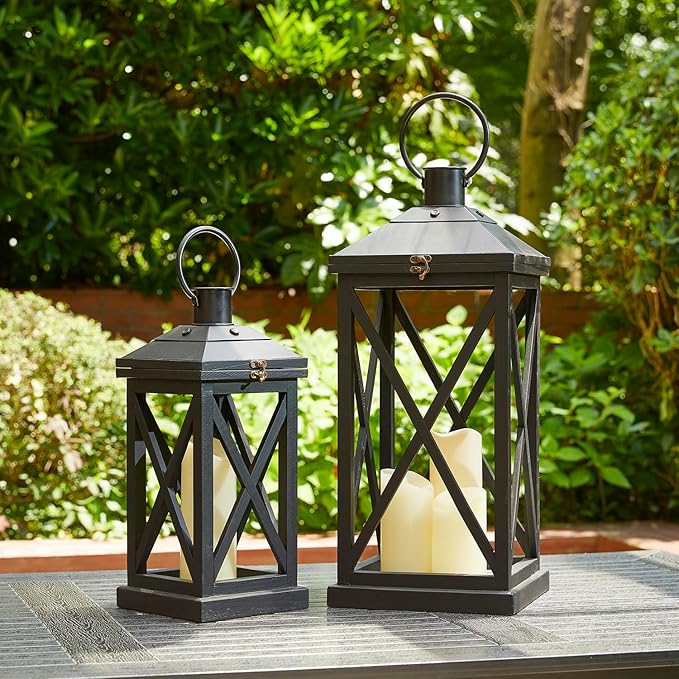Glitzhome Modern Farmhouse Wooden Lantern Hanging Decorative Candle Lantern for Outdoor & Indoor Black Set of 2 (No Glass)-HomvellaHome