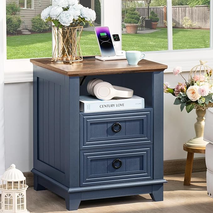 18" Farmhouse Night Stand with Charging Station, 2 Drawers End Table Dresser for Bedroom, Blue Wooden Nightstand, Bed Side Table with Open Shelf, Bedside Cabinet for Living Room, Closet-HomvellaHome
