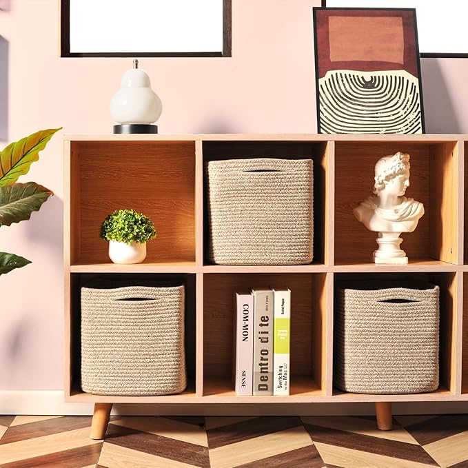 11 Inch Cube Storage Bins, Storage Cube Organizer Bins, Woven Cotton Rope Baskets for Storage, Storage Basket for Organizing Shelves, Square Baskets for Toys Nursery, Brown (Pack of 3)-HomvellaHome