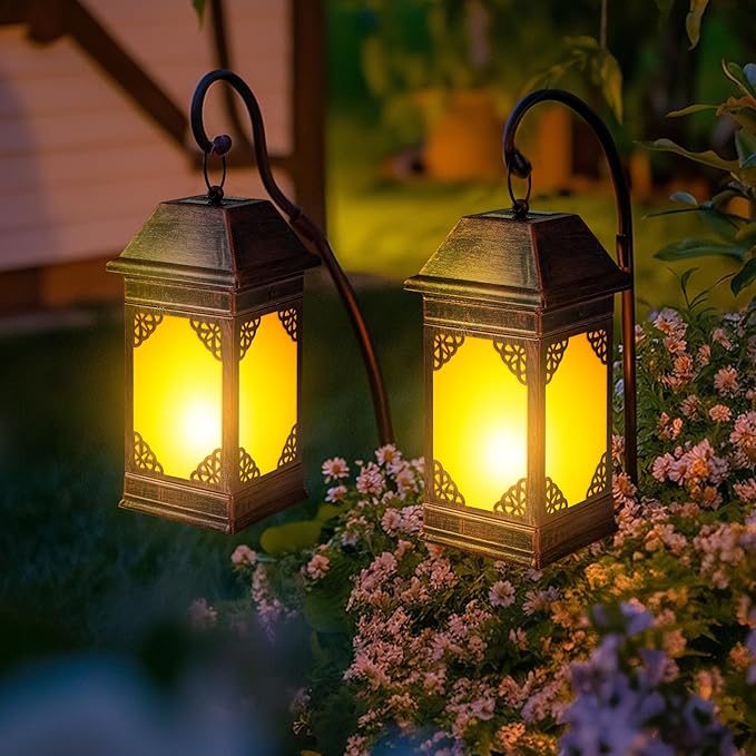 14" Solar Lanterns Outdoor Waterproof, Glass Flickering Flame Solar Lantern, Hanging Metal Lantern Decorative for Patio Front Porch Garden Backyard Tabletop Party Decoration-HomvellaHome