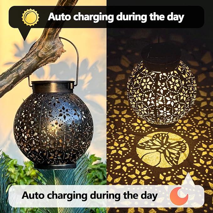 2 Pack Outdoor Solar Lantern Lights, Waterproof Tabletop LED Moroccan Lanterns, Hanging Metal Decorative Garden Lights for Patio, Lawn, Porch, Backyard-HomvellaHome