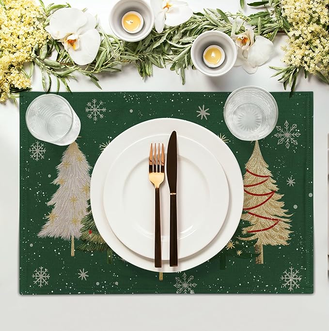 Green Christmas Tree Placemats Set of 4, 12x18 Inch Xmas Trees Snowflakes Winter Holiday Place Mats Seasonal Washable Linen Table Mats for Indoor Outdoor Kitchen Dining Party Décor-HomvellaHome