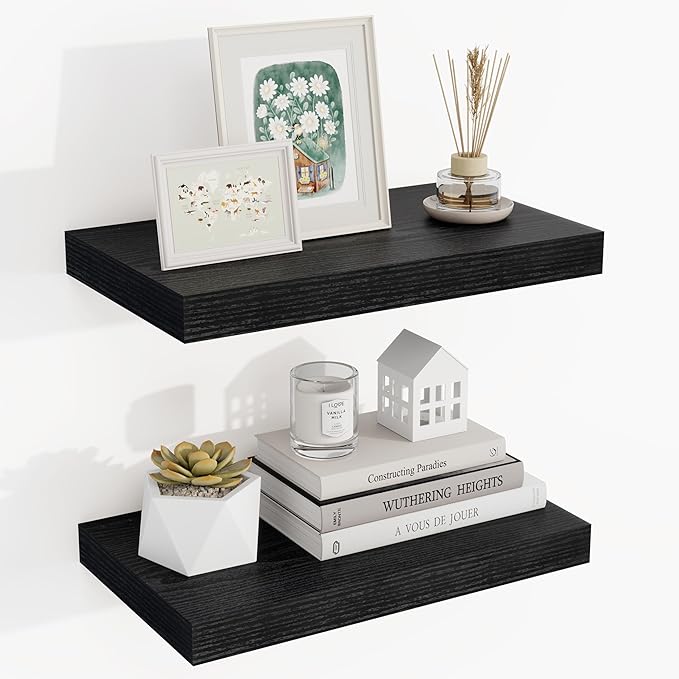 16 Inch Floating Shelves, 16"x9.25"x1.5" Inch Deep Floating Shelves for Wall, Wooden Shelves for Bathroom, Bedroom, Living Room, Black-HomvellaHome