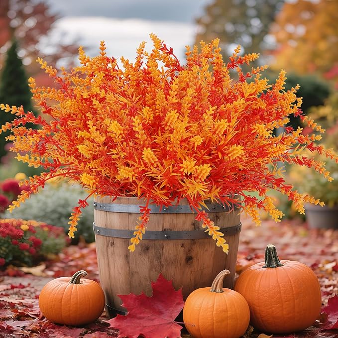 Geegoods 16 Bundles Artificial Fall Flowers Outdoor – Faux Lavender Flowers with Monkey Grass UV Resistant Plastic Faux Plants for Halloween Front Door Porch Patio Yard Balcony Decor, Orange Color-HomvellaHome