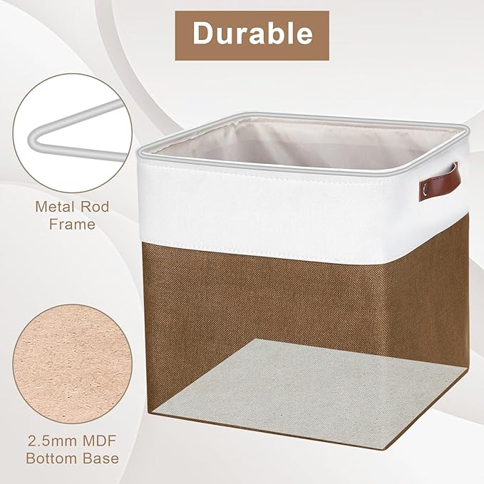 13x13 Cube Storage Bins, Collapsible Fabric Storage Box, 4 Pack Closet Baskets with Handles for Organizing, Shelf, Toys, Clothes, Home, Office, Nursery (Brown&White)-HomvellaHome